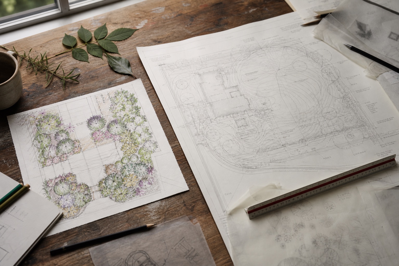 Planting sketch and technical landscape site plan on a worktable