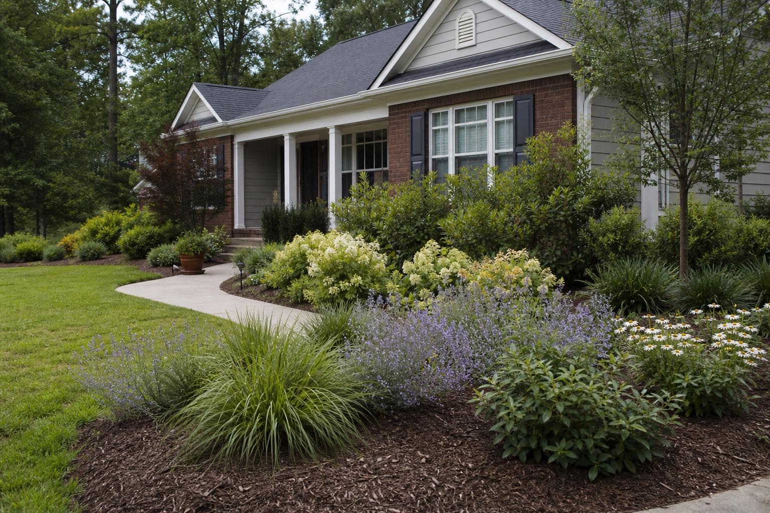 Low-maintenance Raleigh front yard with layered planting and a simple walk