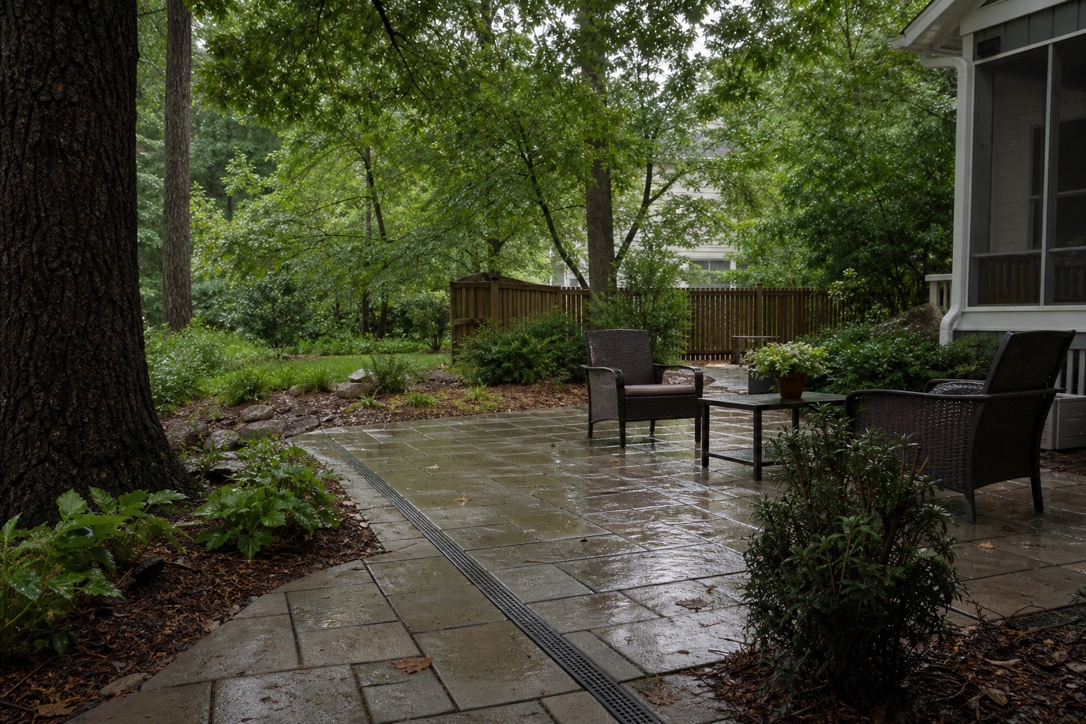 Wet Raleigh paver patio graded toward a linear surface drain