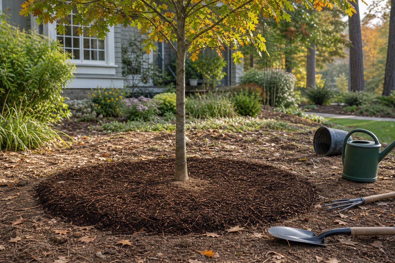 New young tree planted at the correct depth in an early fall Raleigh garden