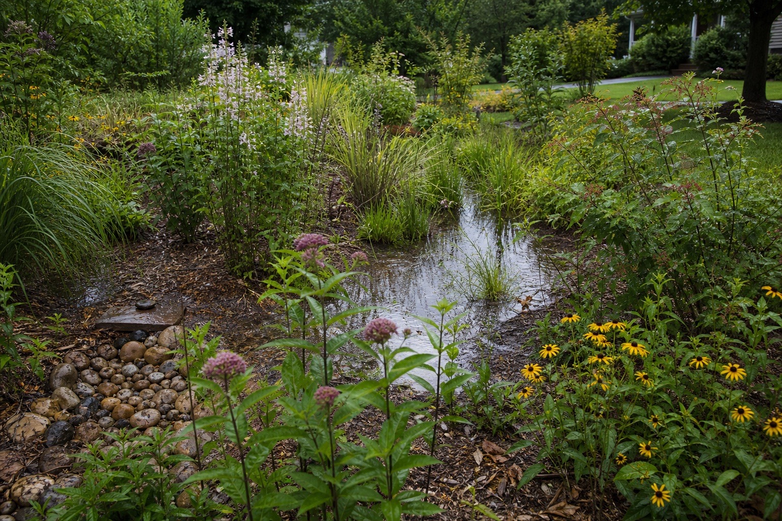 North Carolina rain garden with native grasses, perennials and shrubs after rain