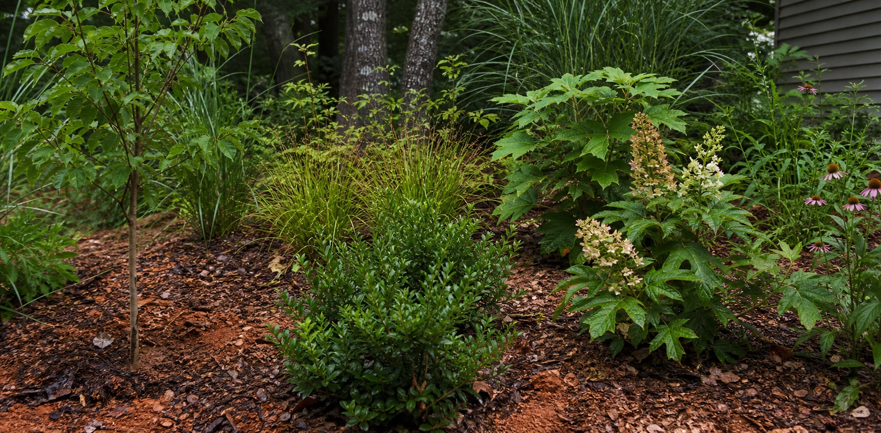 Adaptable native plants growing in a mulched Raleigh clay-soil bed