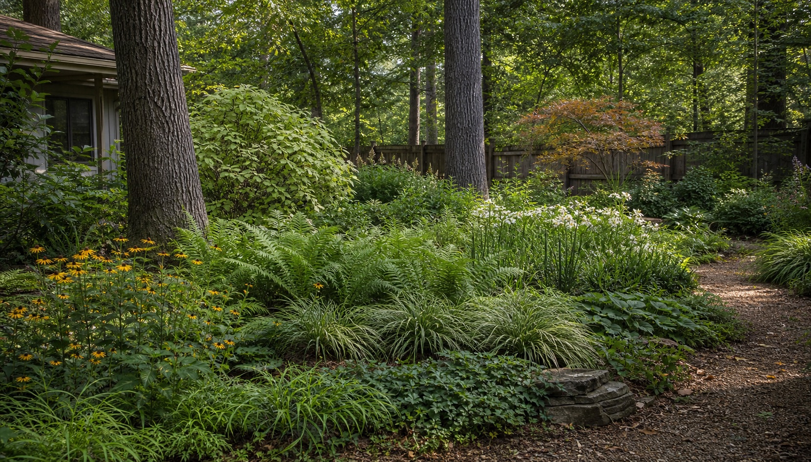 Layered woodland garden beneath mature Raleigh trees