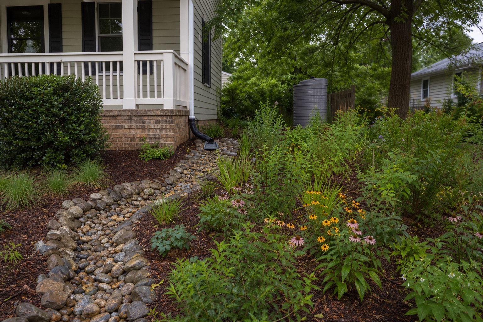Raleigh home with a downspout channel, cistern and planted rain garden