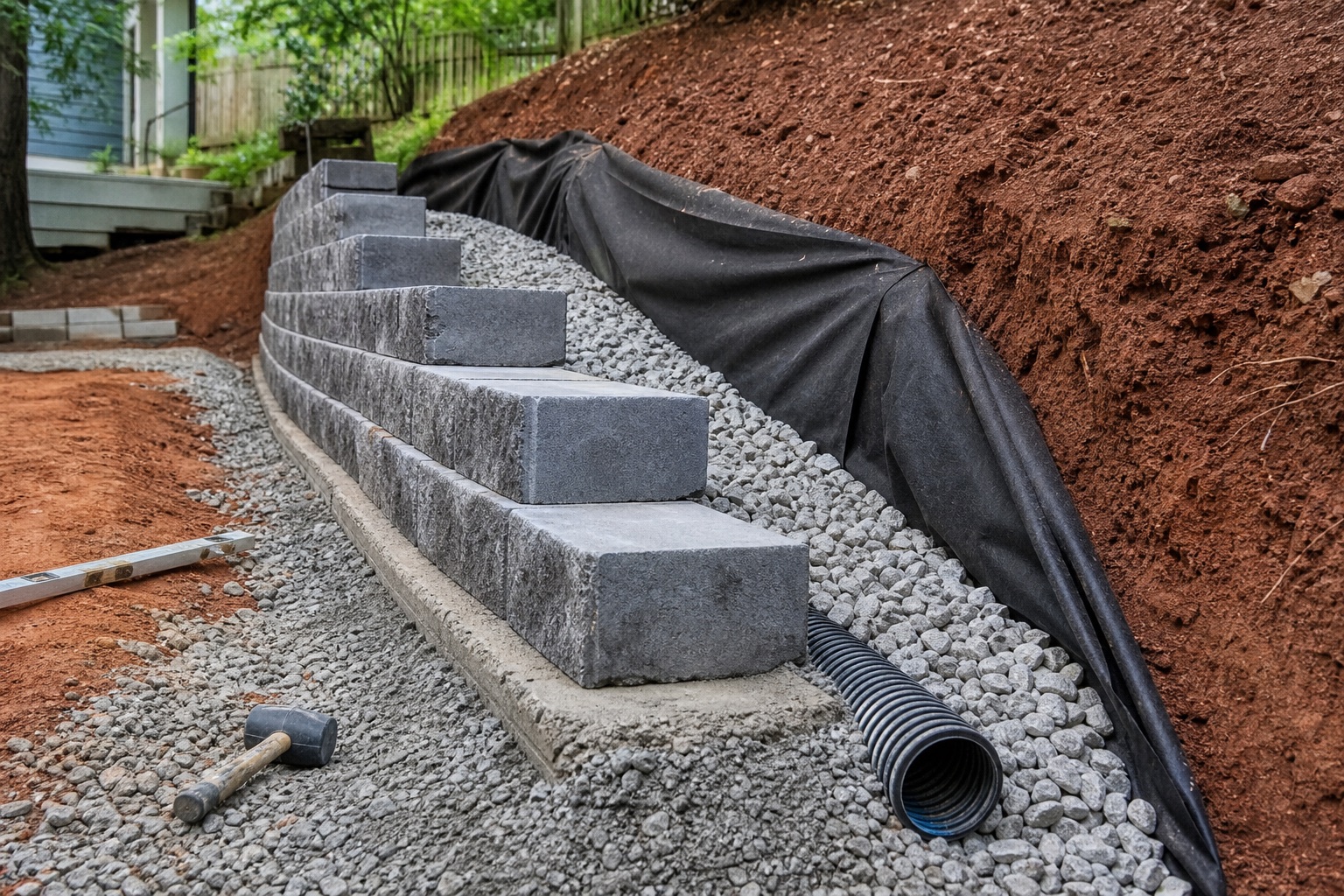 Drainage gravel and pipe behind a segmental retaining wall under construction